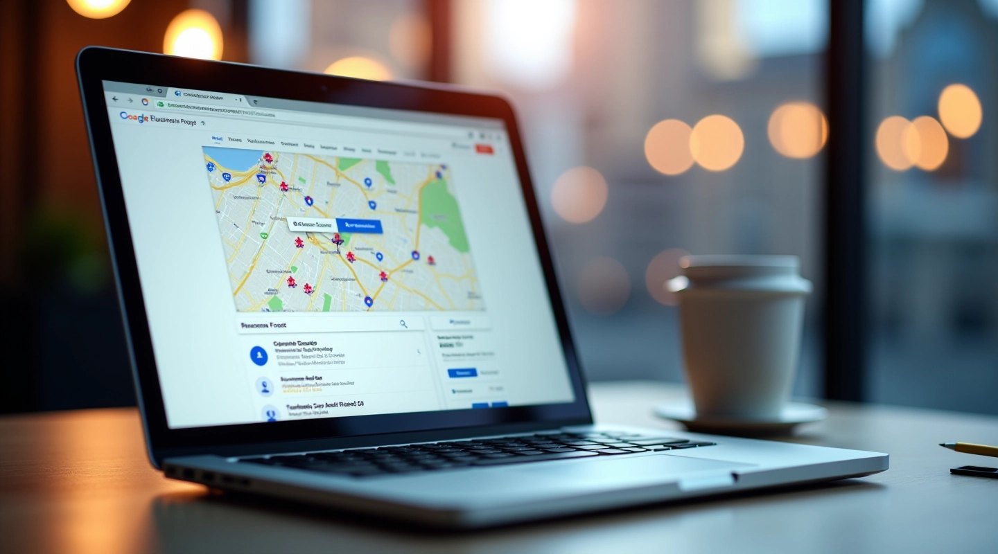 Laptop displaying Google Business Profile dashboard with local map results and location data