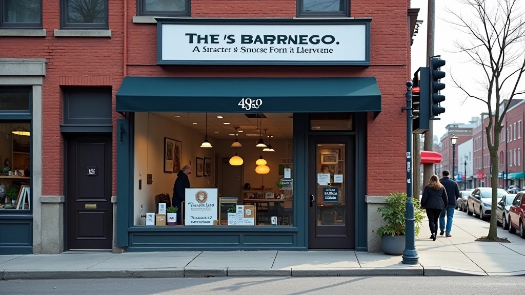 Street view of a Montreal storefront with business signage clearly visible, brick building facade, street address visible on storefront