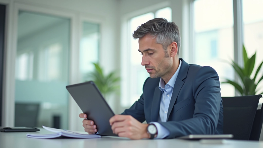 Professional workspace with tablet showing Google Business Profile management interface and local SEO analytics